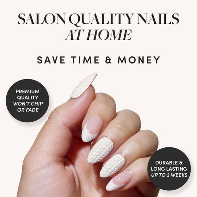 Glamnetic Press On Nails - Sweater Weather | Short Almond Fake Nails with White Glitter French Tips & 3D Designs in a Glossy Finish, Salon Quality Winter Nails | 15 Sizes - 30 Nail Kit with Glue