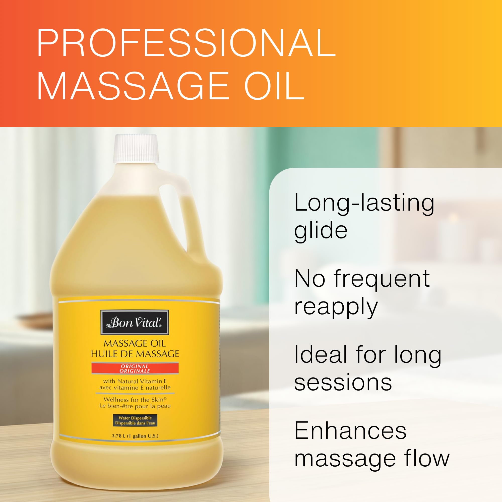 Bon Vital' Original Massage Oil, 1 Gallon Unscented Professional Massage Oil with Natural Oils & Vitamins, Water-Dispersible, No Nut Oils, Smooth Glide for All Massage Modalities