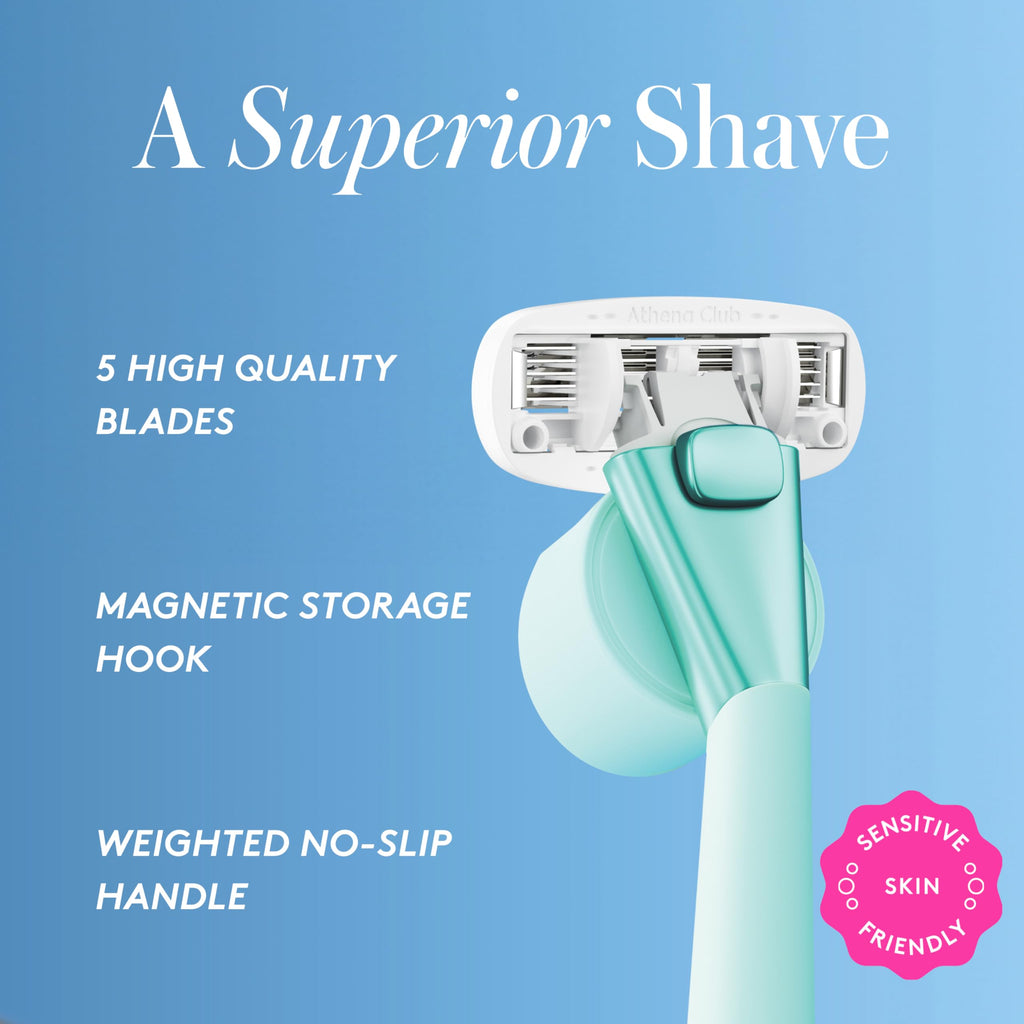 Athena Club Women’s Razor Kit, 5-Blade Cartridge Razor for Sensitive Skin, Serum-Infused Blades with Shea Butter and Hyaluronic Acid, Includes Handle, 6 Refills and Magnetic Shower Hook - Mint
