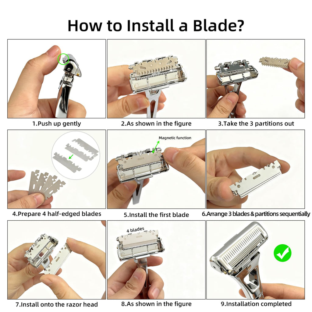 4-Layer Half-Blade Safety Razor- Flexible Head & Alloy Handle, with 10 Coated Blades, Leather Travel Case & Metal Stand - For Face and Body Shaving (Silver)