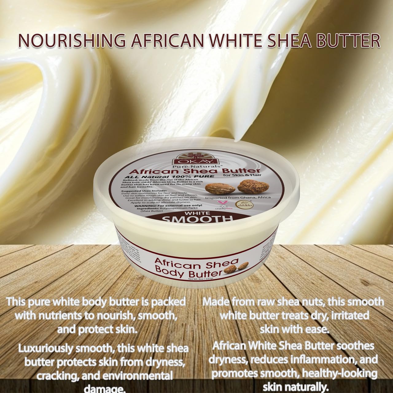 OKAY White Shea Butter for Hair and Skin - Raw African Shea Butter for Women and Men, Daily Moisturizer for Hair and Body, Helps with Stretch Marks, Soothes Dryness - 13 Oz Jar (Pack of 2)