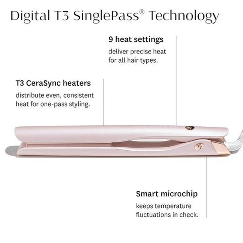 T3 SinglePass Smooth X Flat Iron - Extra-Long Ceramic Plates & 9 Heat Settings for All Hair Types