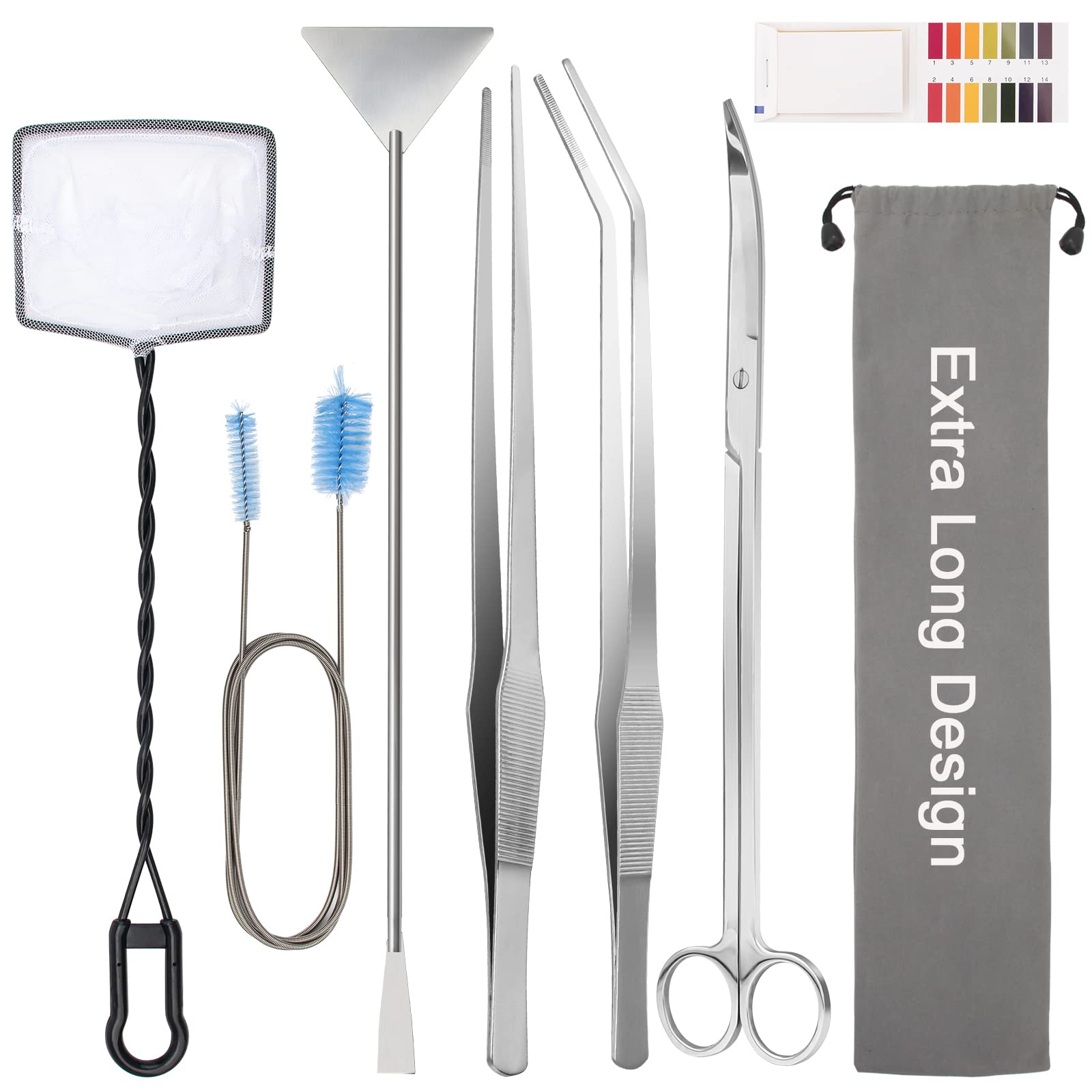 Extra Long Aquarium Aquascaping Tools Kit 8 in 1, Liveek Stainless Steel Aquarium Plant Tools Long Fish Tank Aquascape Tweezers Scissors Scrapers, PH Paper, Fish Net, Aquascape Clean Brush, Bag
