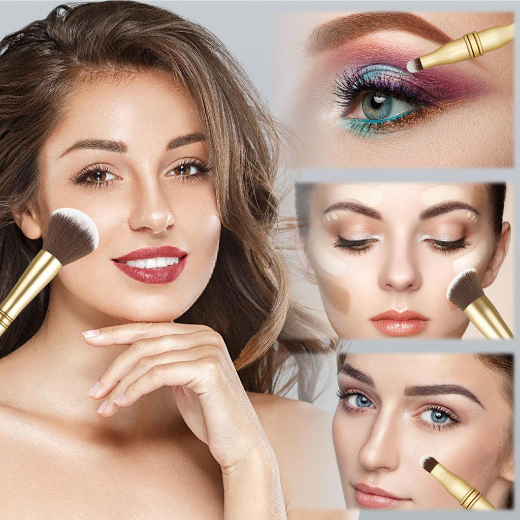 Voxora 4 in 1 Makeup Brush Set - All in One Powder/Blush, Foundation, Blending & Eyeshadow Brushes, Compact & Travel Essential