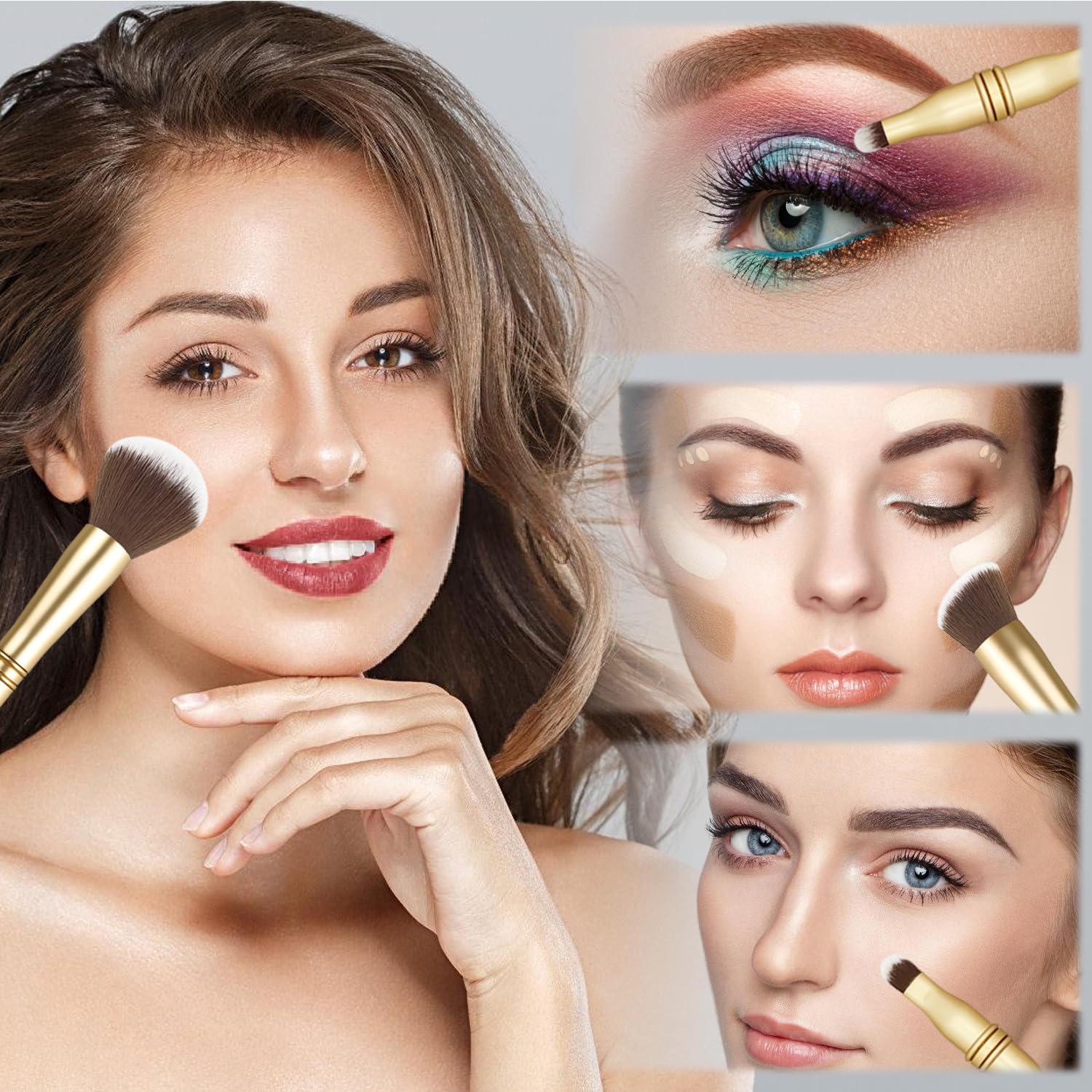 Voxora 4 in 1 Makeup Brush Set - All in One Powder/Blush, Foundation, Blending & Eyeshadow Brushes, Compact & Travel Essential