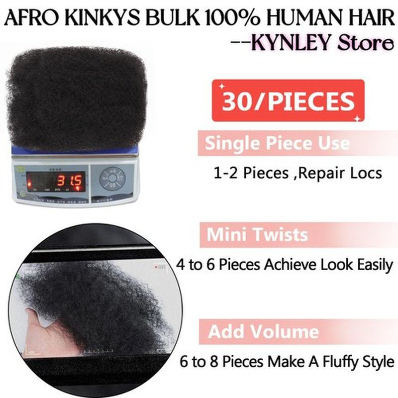Afro Kinkys Bulk Human Hair, 10-Inch Afro Kinky-Curly Human Hair Bulk for Twists, Dreadlocks Extensions, Repair Locs, Natural Black 3 Pack (1B, 10inch)
