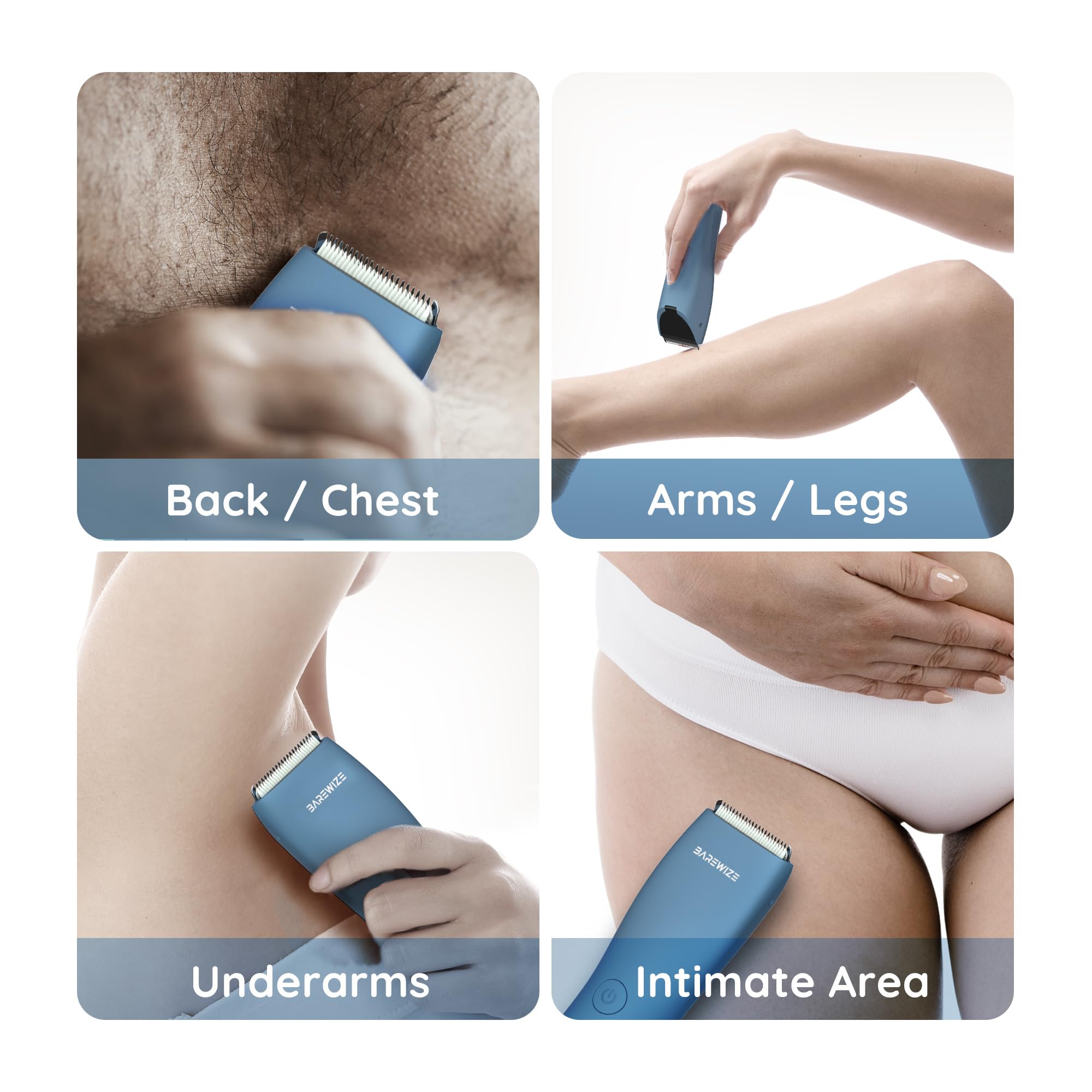 BAREWIZE Body Hair & Pubic Hair Trimmer for Men & Women, Painless Electric Body & Bikini Shaver | Waterproof, Type-C Rechargeable, LED Light, Replaceable Blade, Manscape Personal Groomer (Azure)