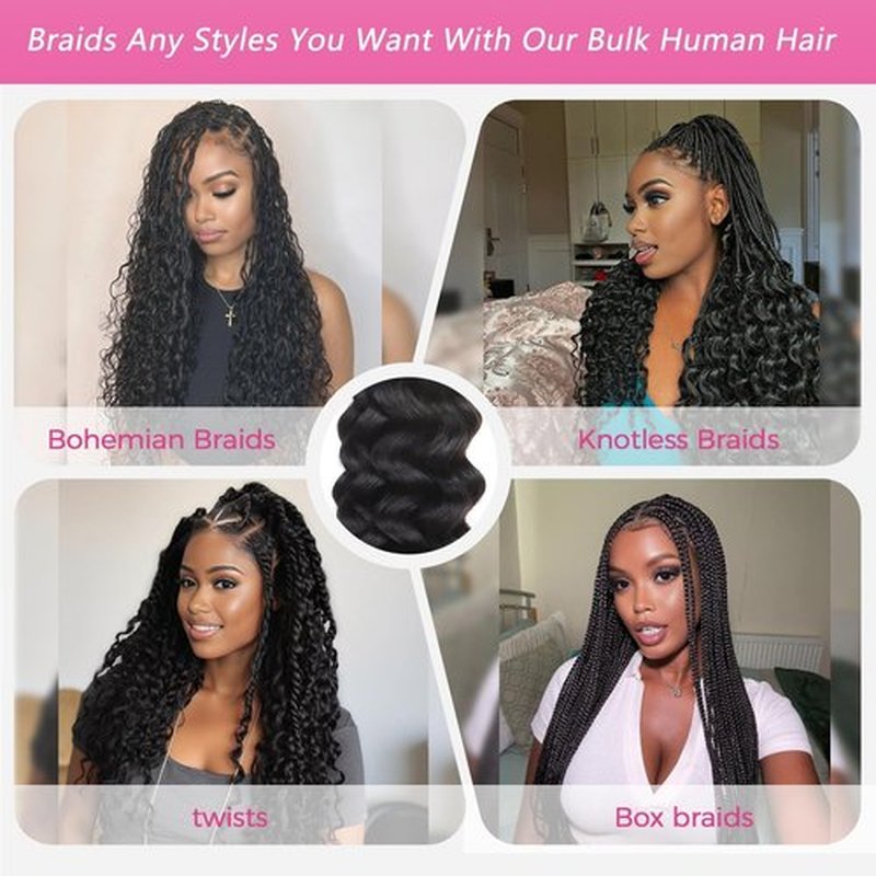 Human Braiding Hair for Boho Braids 100% Virgin Human Hair Curly Knotless 12A Deep Wave Bulk Bohemian Braiding Hair Extensions #1B Natural Black 18 Inch 100g