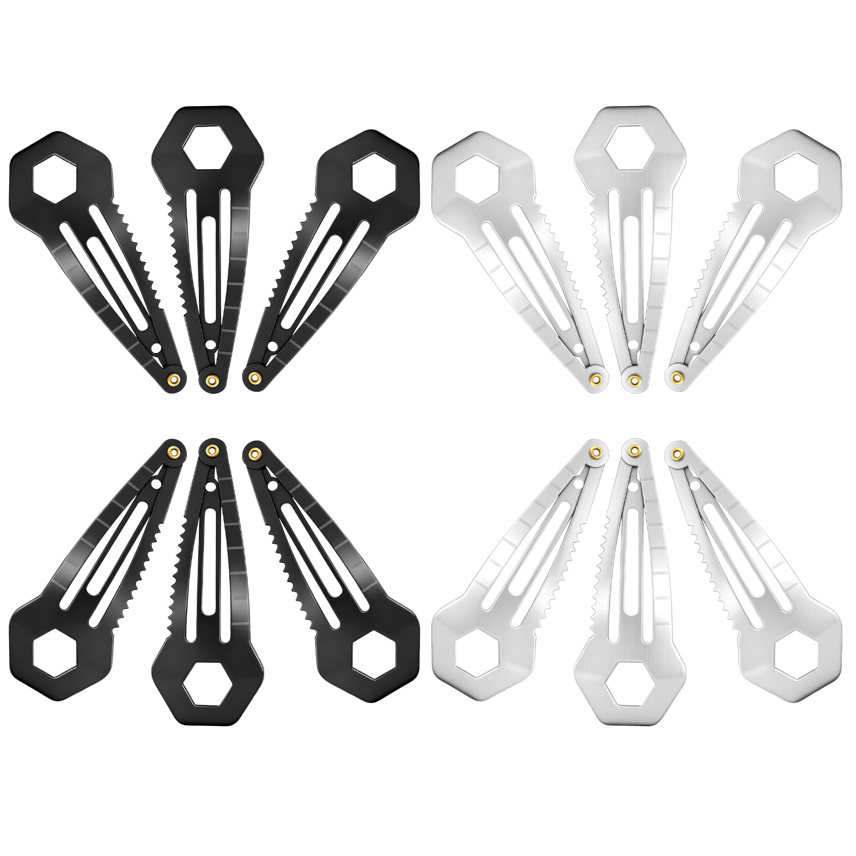12-Pack Tactical Hair Clips - Mini Functional Snap Hair Clips - Hair Tie Cutter Tool - Small Barrettes for Women & Men It can open bottles, boxes, tighten glasses screws, cut cable ties, and more