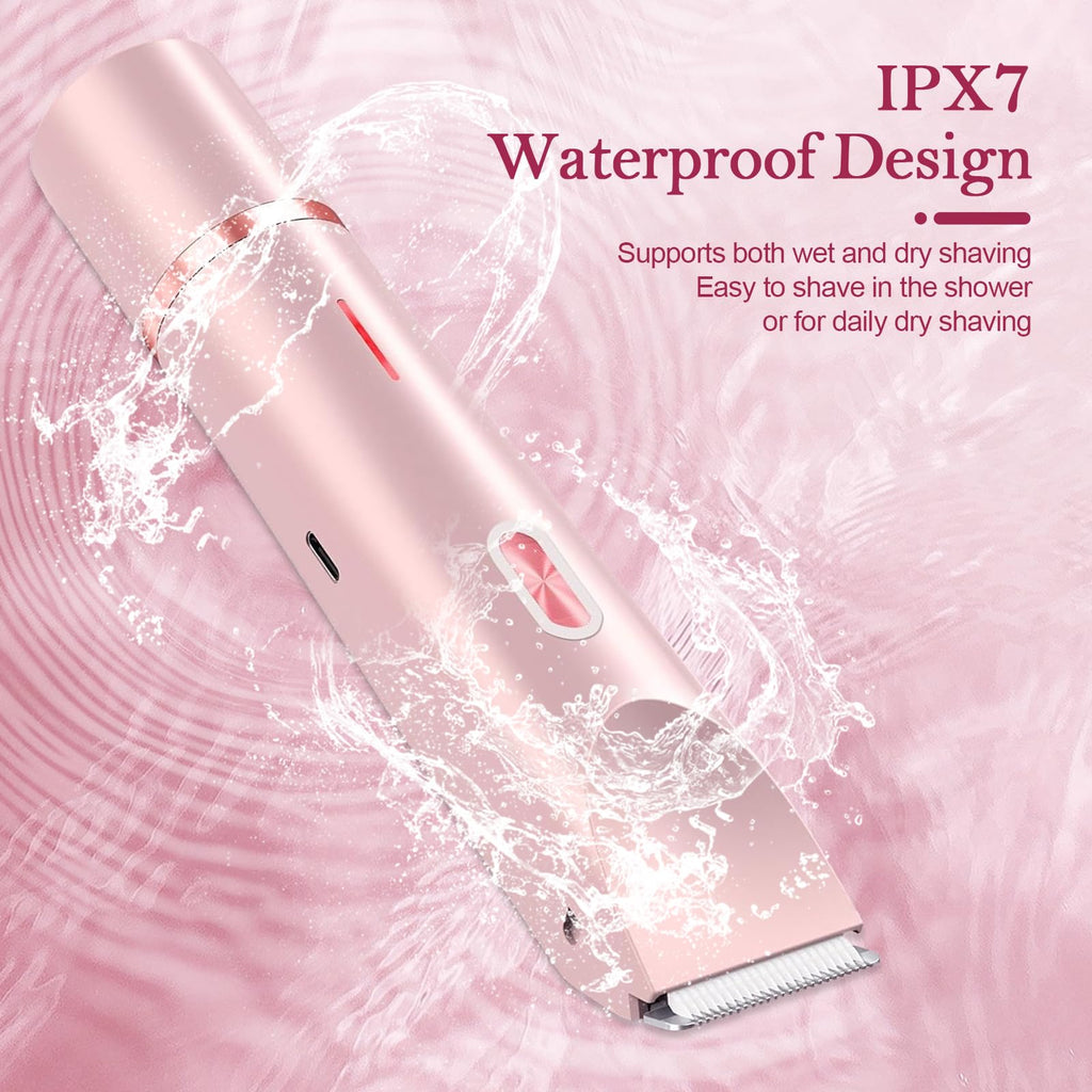 GlossLuxe Bikini Trimmer for Women, 2-in-1 Dual Head Shaver Women, IPX7 Waterproof Gentle Electric Razors for Sensitive Areas, Cordless Hair Removal for Shower & Travel, Holiday Gift (Pink)