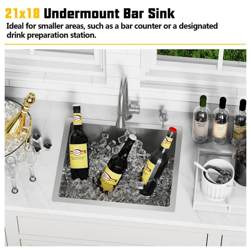 21x18In Stainless Steel Kitchen And Bar Sink - Small Undermount Single Bowl Drop In Staylish Kitchen&Bar Sink Ideal Choice For Small Space, Prep Area, RV With Bottom Grid,Soap Mat And Drain Assembly
