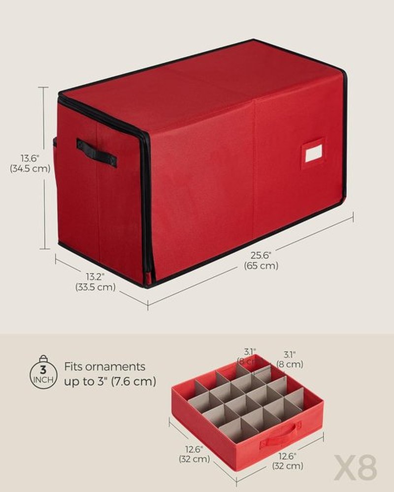 SONGMICS Large Christmas Ornament Storage Box - Stackable Container with 128 Slots & Lid, Cherry Red