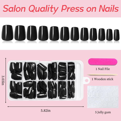 Lifextol 240pc Black Coffin Press on Nails Short Fake Nails Press ons for Women Acrylic Nail Presson Nail&Glue Tabs, Short Black Fingernails Coffin False Fingernail Tip Stick on Artificial Fingernail