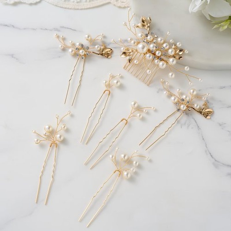SWEETV Bridal Wedding Hair Accessories Set of 7, Pearl Wedding Hair Comb Rhinestone HairPins Leaf HairPieces Elegant Bridal Headpieces Accessories for Brides Bridesmaids Women Girls