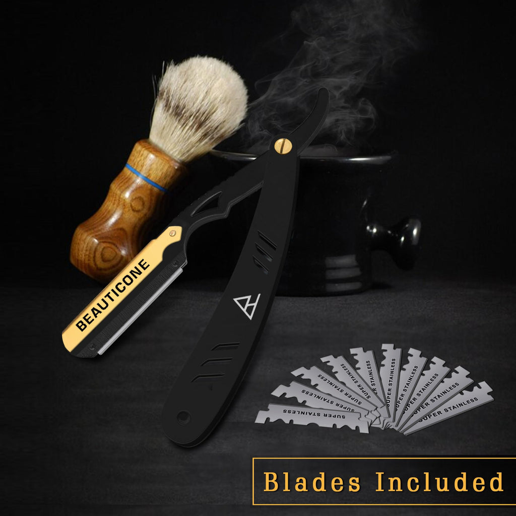 BEAUTICONE Barber Straight Razor for Men – Professional Shavette with Swinglock Blade Holder, Stainless Steel Blades Included, Cut Throat Razor, Black & Gold