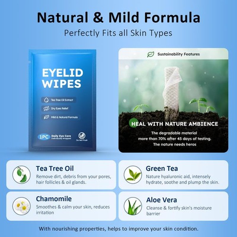 30PCS Eyelid & Lash Wipes for Itchy & Dry Eyes, Tea Tree Oil Eyelid Wipes for Styes & Blepharitis, Daily Eye Cleansing Cloths, Hypoallergenic & Soothing For Sensitive Eyes, Stay Hydrated Lid Wipe