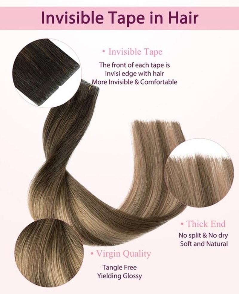 Pinkpearl Invisible Tape in Hair Extensions Human Hair, 20pcs 16inch 45g #2/6/18 Balayage Dark Brown to Chestnut Brown and Ash Blonde Injection Tape in Extensions Real Remy Human Hair Injected