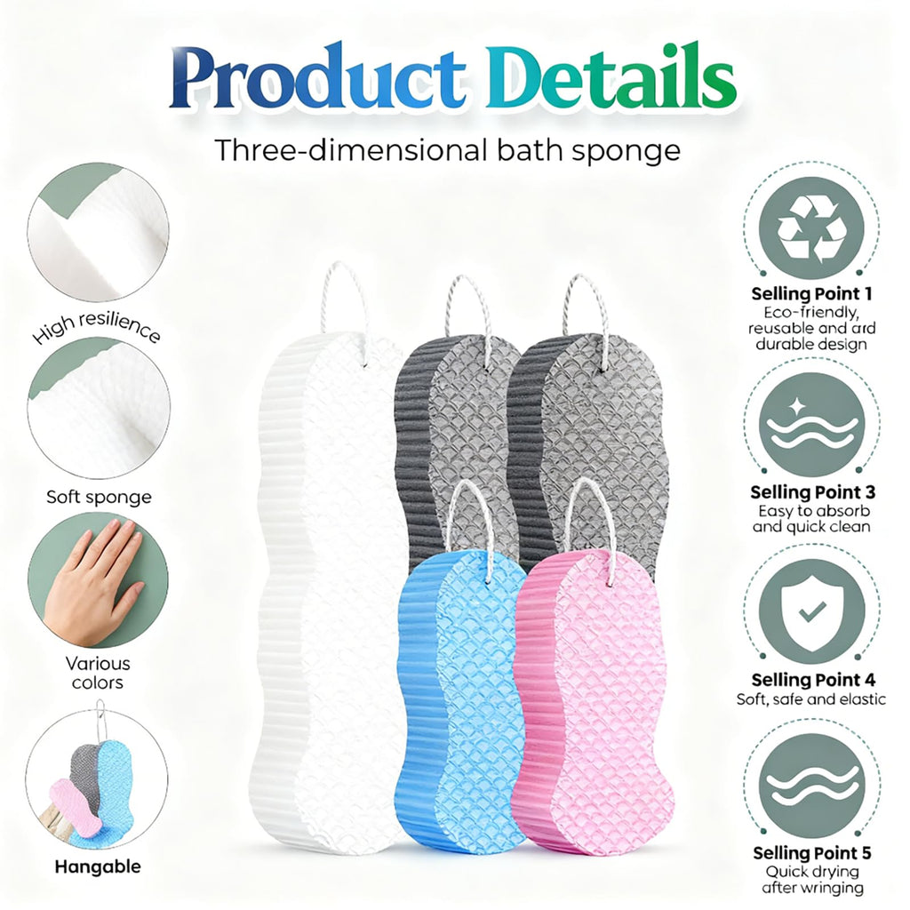 Magic Exfoliating Bath Sponge, 3D Super Soft Exfoliate Body Scrubber, Reusable Handheld Shower Brush Remover Dead Skin for Adults Women Men Cleansing Skin No Silicone Net Sponge (Grey)