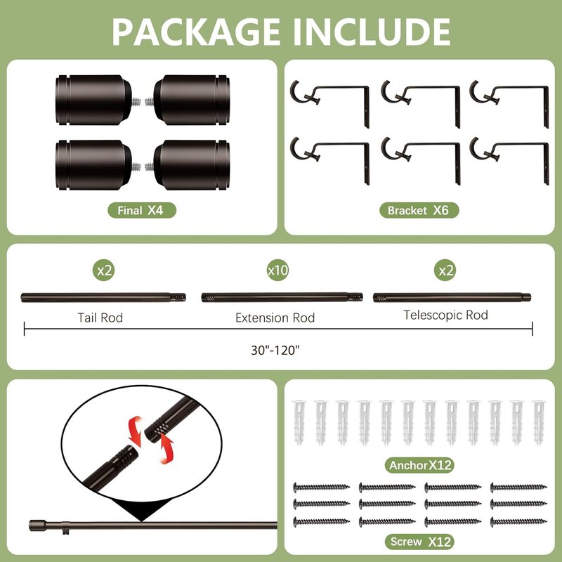 Antique Bronze Curtain Rods by [Brand Name] - Adjustable 30-120 Inch for Windows | 2 Pack with Brackets