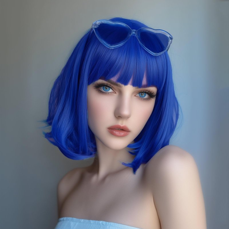 VCAY Bob Wig, 12 Inch Short Blue Bob Wig with Bangs,Straight Cosplay Wig,Heat Resistant,Adjustable Straps Wigs for Women Girl with Wig Cap