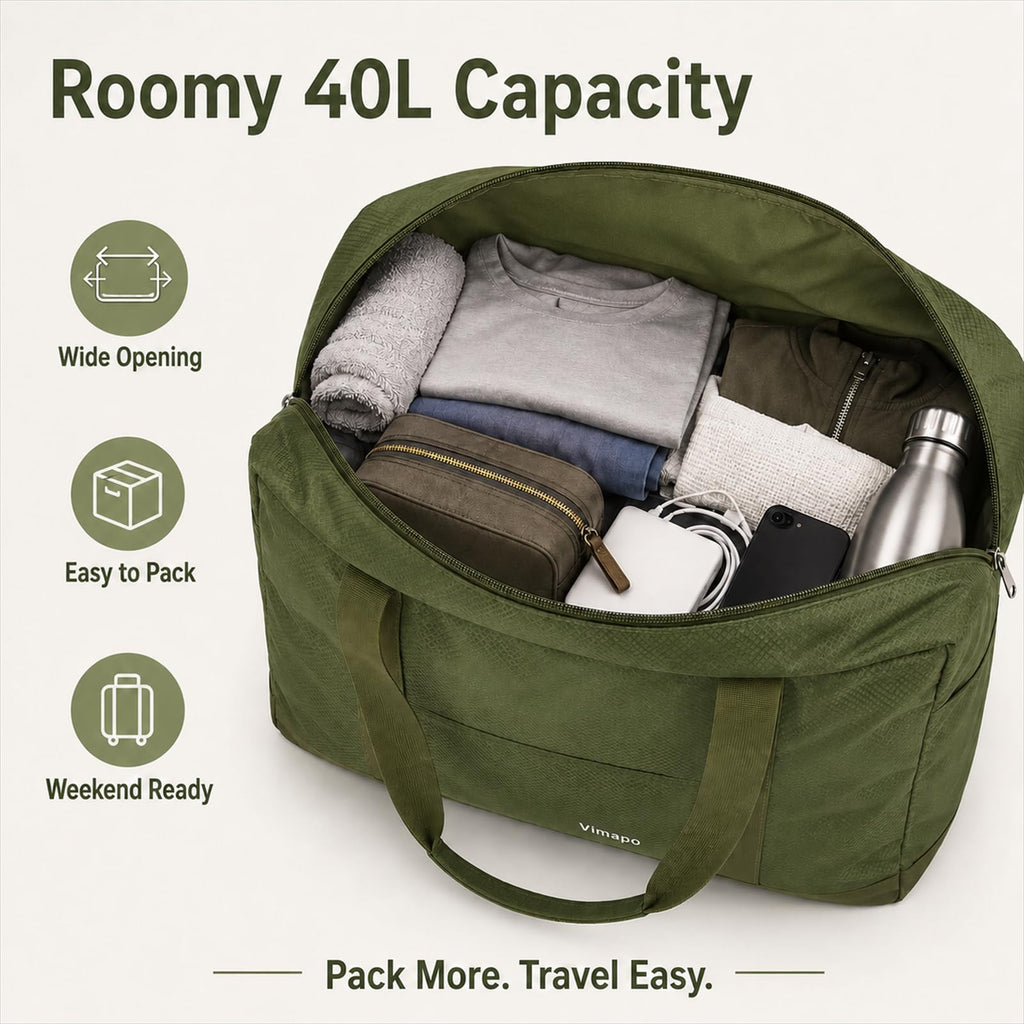 Vimapo Foldable Travel Duffle Bag with Trolley Sleeve 40L Capacity, Lightweight Packable Travel Duffel Bags with the Keyhole Zipper, Weekender Overnight Nylon Carry on Bag for Men & Women, Army Green