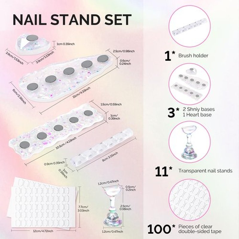 MelodySusie Nail Stand for Press Ons, 3 PCS Shiny Magnetic Bases Sets for Practice Painting Display with Brush Holder and 100 Pcs Reusable Double-Sided Tape for Home DIY Salon Supplies