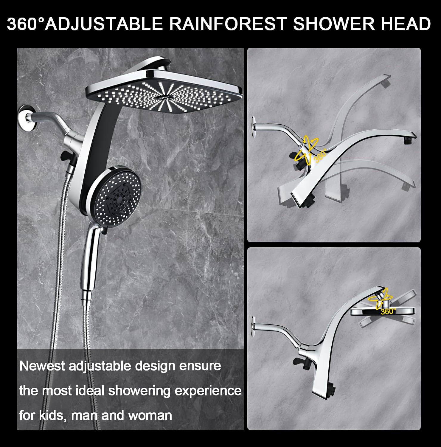 BOZYBO Rain Shower Head with Handheld: High Pressure Shower Heads with Handheld Spray Combo, 12" Rainfall Shower Head and 9 Sprays Hand Showerheads with Magnetic Docking and Power Jets, Chrome 1.8GPM