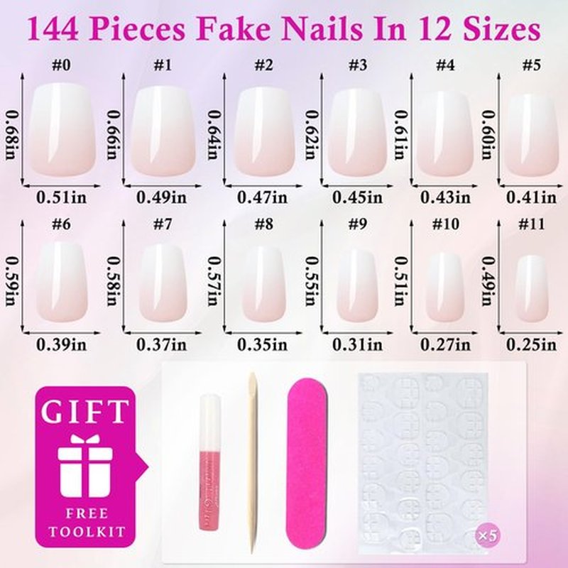Loveourhome 144pc Ombre Coffin Press on Nails Short Fake Nails Pink White Glue on Nail Ombre Acrylic Nails Press on Nails Short False Nail Women Artificial Fingernails with Glue Adhessive Tabs