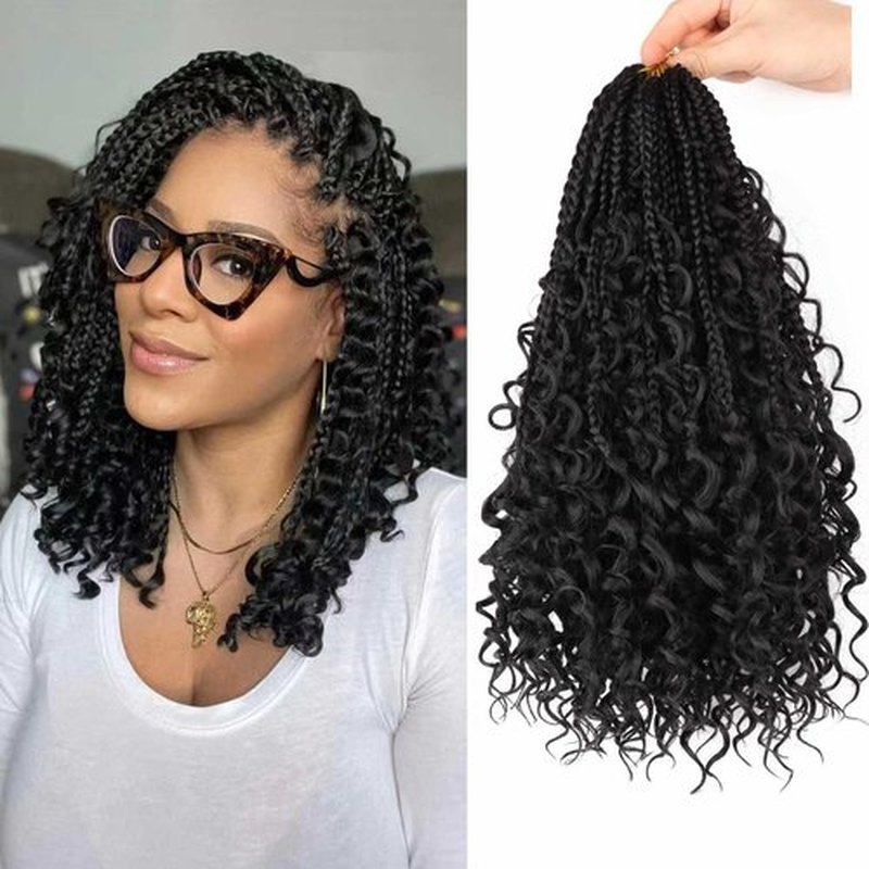 8 Packs Bohemian Box Braid Hair Crochet Box Braids with Curly Ends 12 Inch Goddess Box Braids Crochet Hair for Women Boho Braids (1B, 12 inch 8 pack)