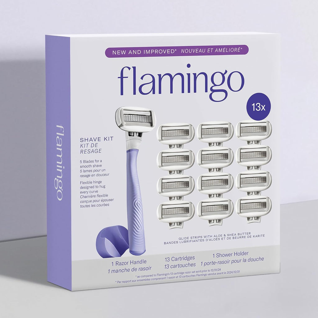 Flamingo Razors for Women, 1 Women's Razor Handle (Lilac), 13 Razor Five-Blade Refills, and 1 Shower Holder