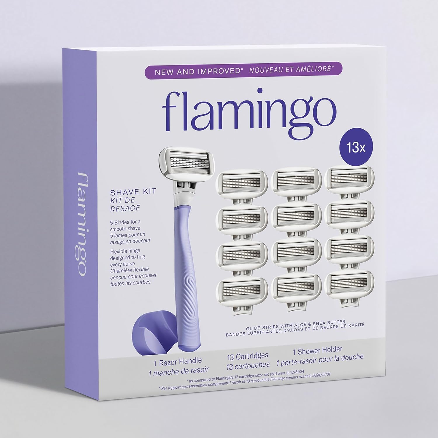 Flamingo Razors for Women, 1 Women's Razor Handle (Lilac), 13 Razor Five-Blade Refills, and 1 Shower Holder