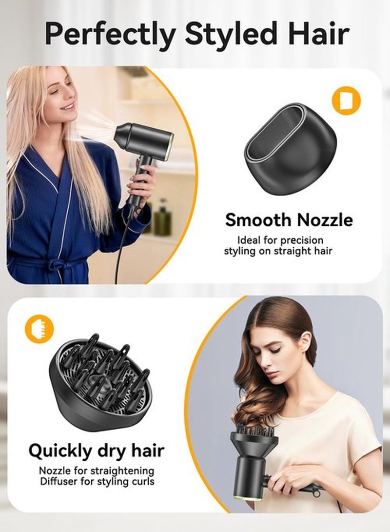 Hair Dryer, 150000RPM Ionic Blow Dryer - Fast Drying, Low Noise, Foldable Portable with Diffuser and Nozzle, Compact Mini for Women and Men, Home and Travel(Black)