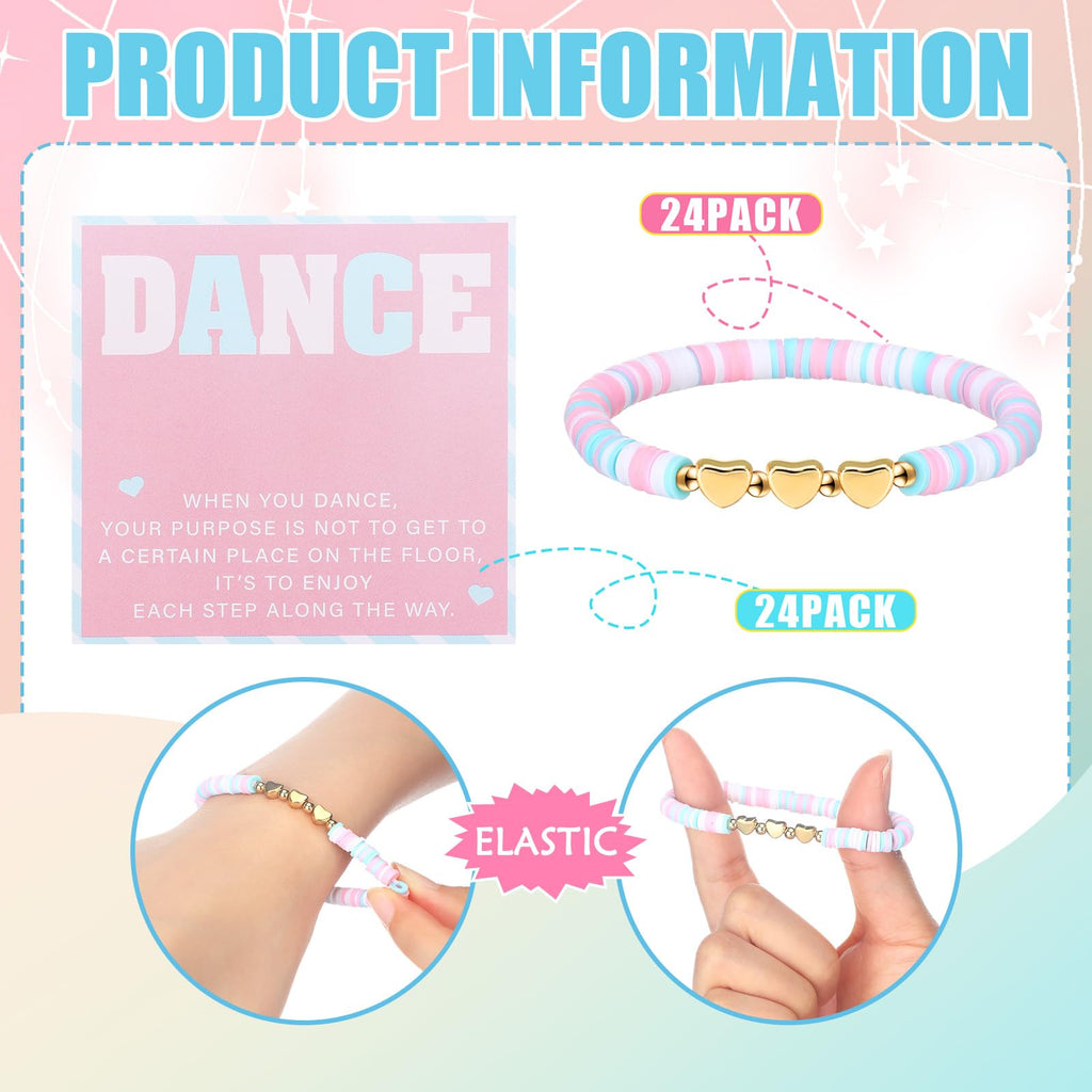 Liliaafar 24 Sets Dance Gifts Bulk Include Pink Blue White Polymer Clay Beaded Bracelet with Greeting Card Dancer Party Favors Team Gifts Recital Jewelry for Women Ballerina Birthday(Inspirational)