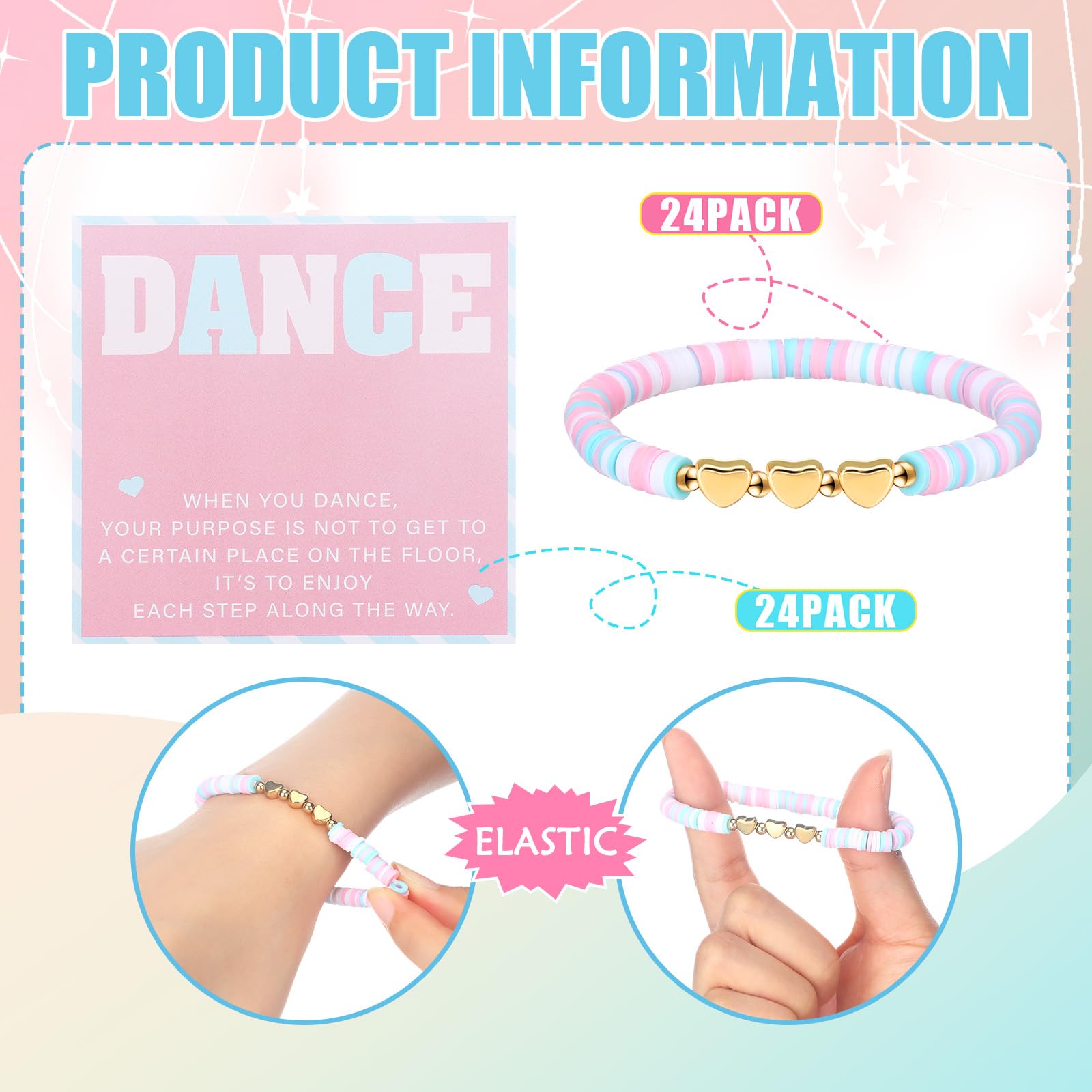 Liliaafar 24 Sets Dance Gifts Bulk Include Pink Blue White Polymer Clay Beaded Bracelet with Greeting Card Dancer Party Favors Team Gifts Recital Jewelry for Women Ballerina Birthday(Inspirational)