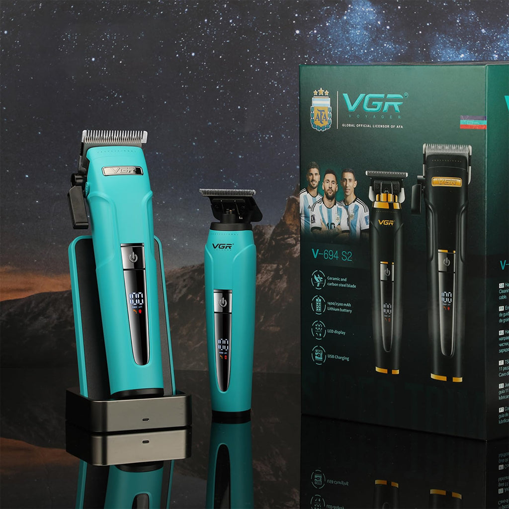 VGR 694S2 Professional Hair Clippers for Men - Cordless Barber Clipper & Trimmer Set with Charging Dock, 440 Min Runtime & LED Display - Rechargeable Hair Cutting Kit for Barbers & Home Use(Green)