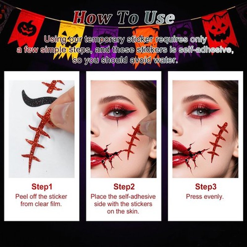 Boko 4Pcs Halloween Face Stickers, Red White Black Halloween Stickers for Face Glitter Makeup, Self Adhesive Glitter Temporary Tattoos for Day of the Dead Zombie Clown Scar Ghost Bat Vampire Cosplay