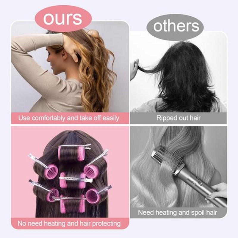 IKOCO Hair Rollers Set, 4 Sizes with 12 Clips and Comb - Self Grip Curlers for Long/Short Hair, Thermal Safe Rollers for Salon-Worthy Styling Pink