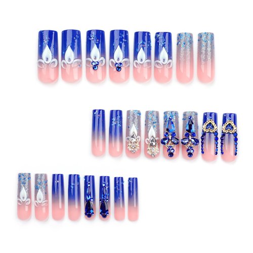 QQPPOLIU Royal Blue Press on Nails Long Length Square Shape Acrylic Fake Nails with Rhinestones Designs False Nails Mother'S Day Gift 24pcs