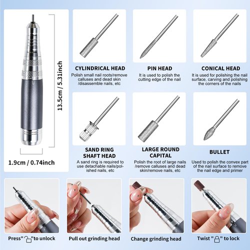 Moskany Professional Electric Nail Drill Kit White Portable Rechargeable Cordless Nail File Machine 35000 RPM with 7PCS Bits for Acrylic Gel Powder Nails Polish Pedicure Toenail Tool Salon Set