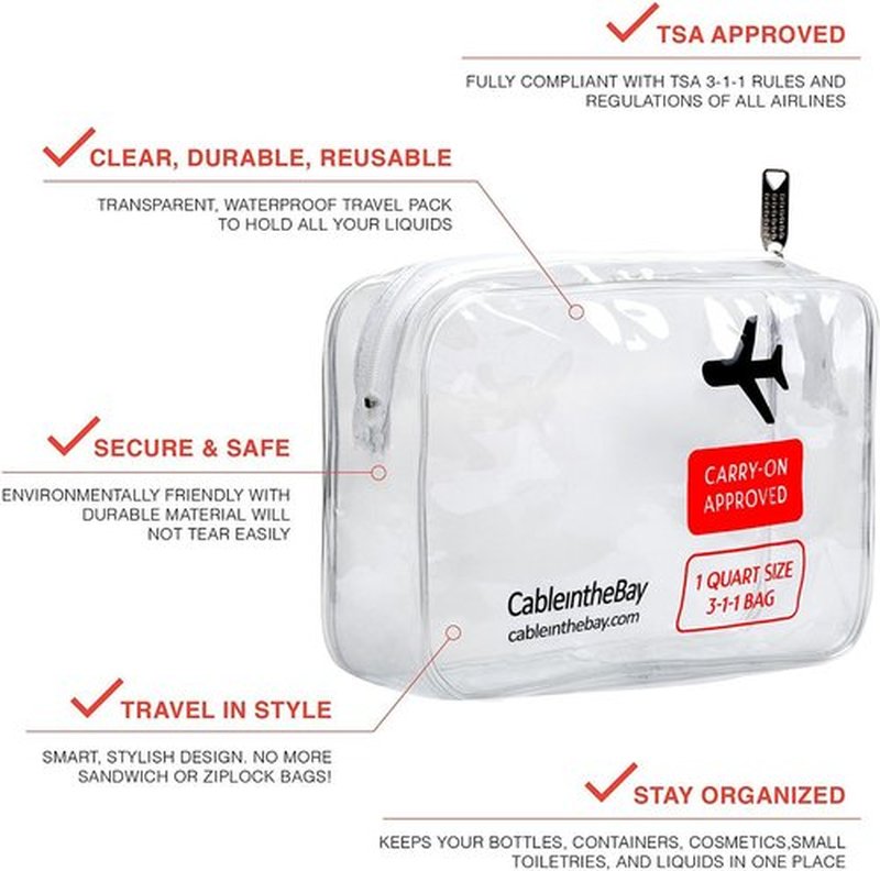 Skiennix TSA Approved Clear Travel Toiletry Bag - Quart Size with Zipper | Airline Compliant 3-1-1 Kit for Men & Women