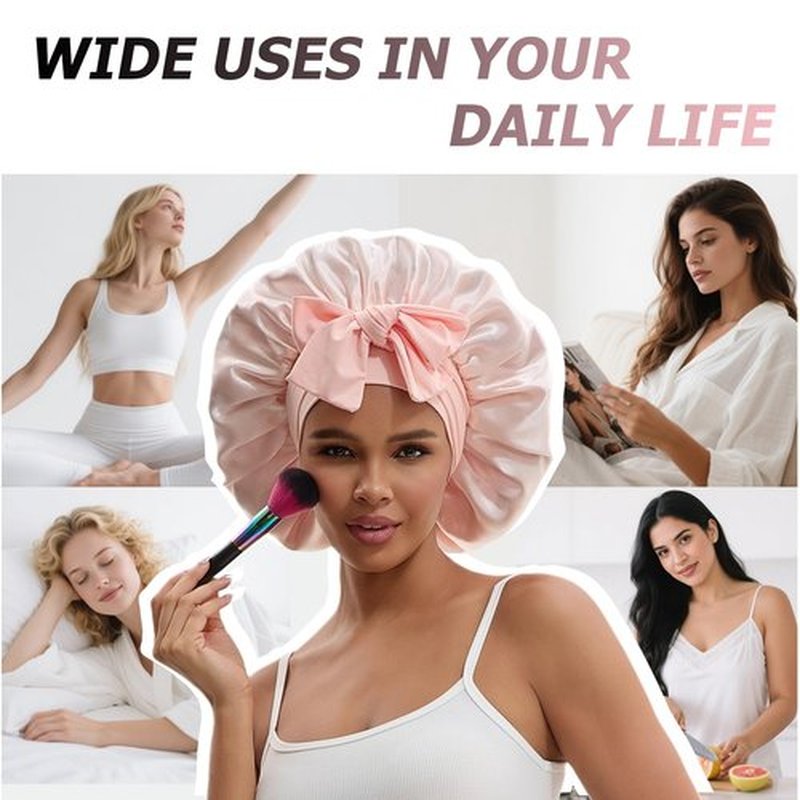 NAHOSY Satin Silk Bonnet for Sleeping Women, Reversible Double Layer Soft Satin Lined Hair Bonnet with Tie Band Night Sleep Cap for Curly Hair (Pink)