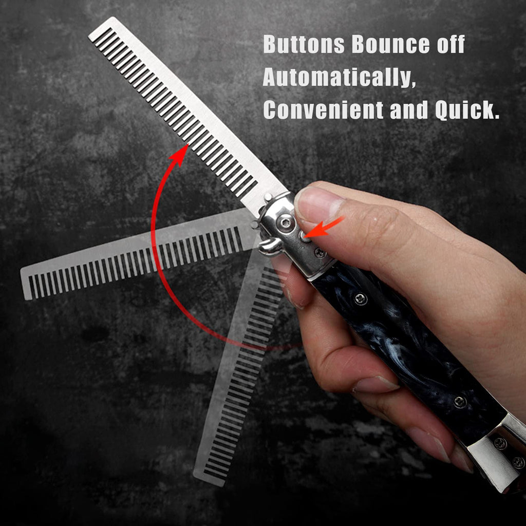 Folding Pocket Comb, Stainless Steel Beard Comb for Men, Switchblade Fine Tooth Mustache Combs Designed for Hair Salon Beauty Tool (Black)