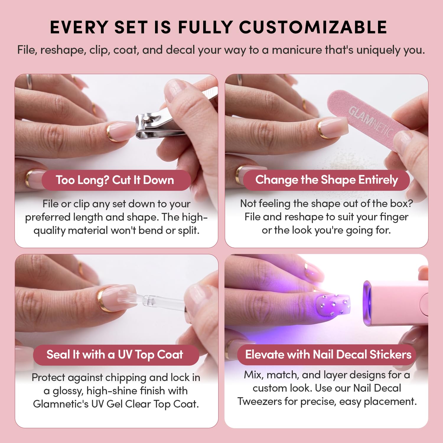 Glamnetic Press On Nails - La Perle | Semi-Transparent Squoval French Tip Fake Nails, Salon Quality | 15 Sizes - 30 Nail Kit with Glue