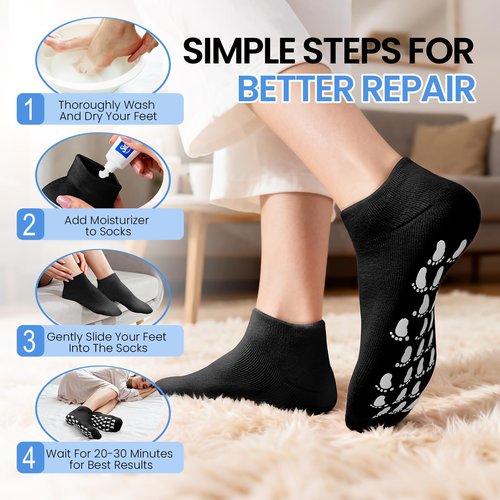 Silicone Moisturizing Socks for Women Men Large- 2Pairs Foot Moisturizer Socks for Dry Cracked Feet- Black Aloe Spa Moisture Hydrating Foot Care Socks (L Up to Size 12)
