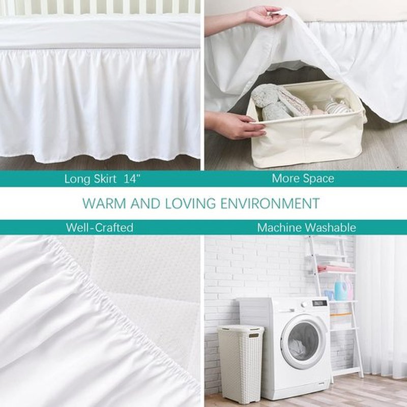 Skiennix Crib Bed Skirt - 28” x 52” with 14” Drop | Soft Solid White Pleated Design for Nursery