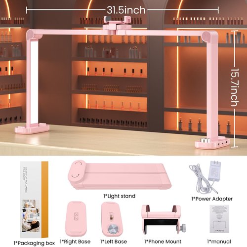 TiInsta Nail Light for Desk,34 Inch 48W Half Moon Light-Adjustable 3000K-6000K Color Temp, 0-100% Brightness,Nails lamp with Phone Stand,for Nails Art,Tattoo,Eyebrow,Beauty,Reading,Salon