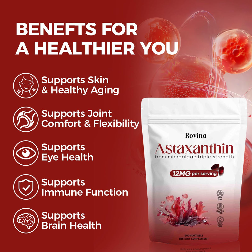 Regpem Rovina Astaxanthin 12mg, Revella Astaxanthin Antioxidant Supplements for Immune, Eye, Skin Supports, Non-GMO & Gluten Free - 200 Softgels