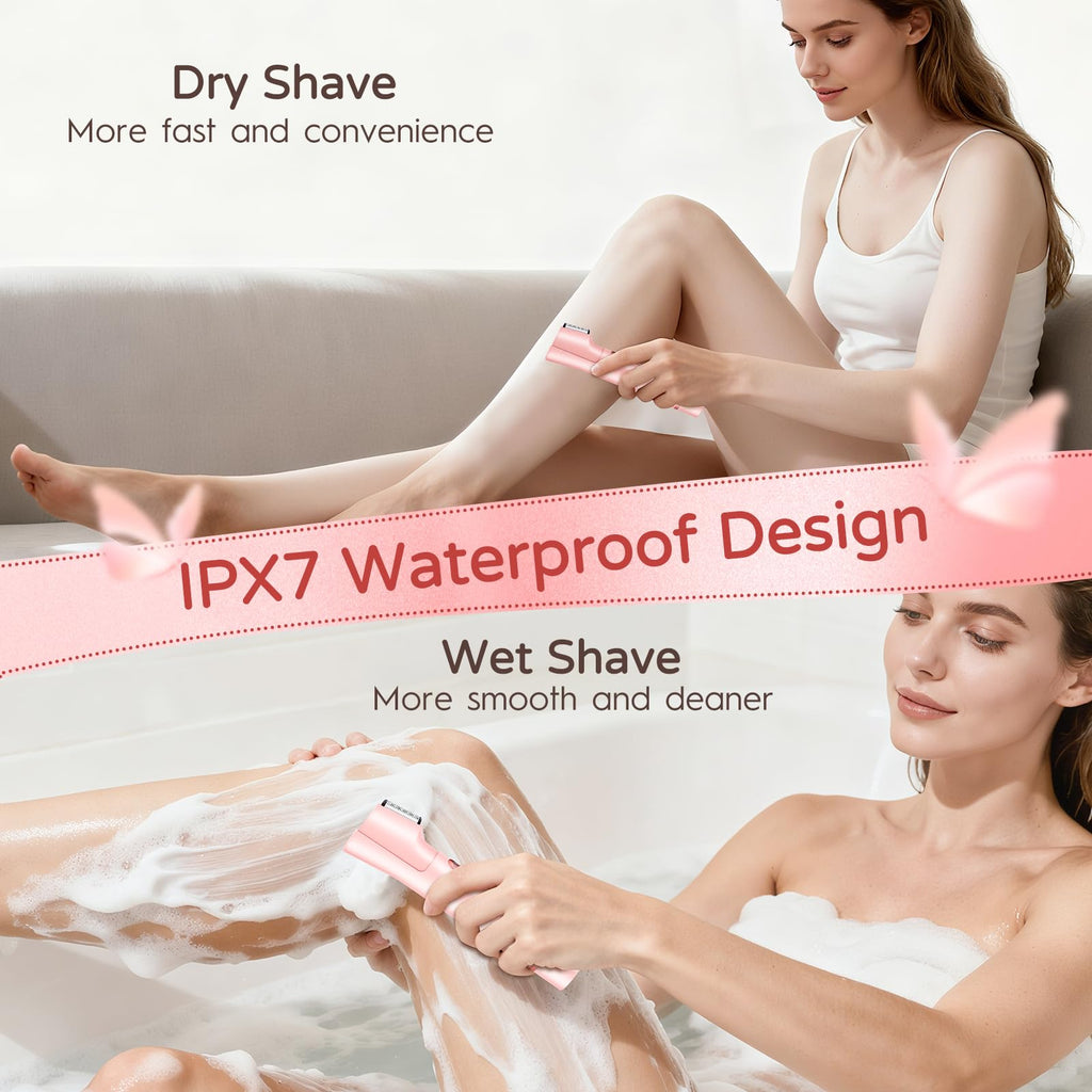 2-in-1 Electric Bikini Trimmer for Women, Dual Head Women’s Shaver & Razor, IPX7 Waterproof Cordless Hair Removal, Rechargeable Ceramic Blade Kit for Face Pubic Legs Underarm, Pink