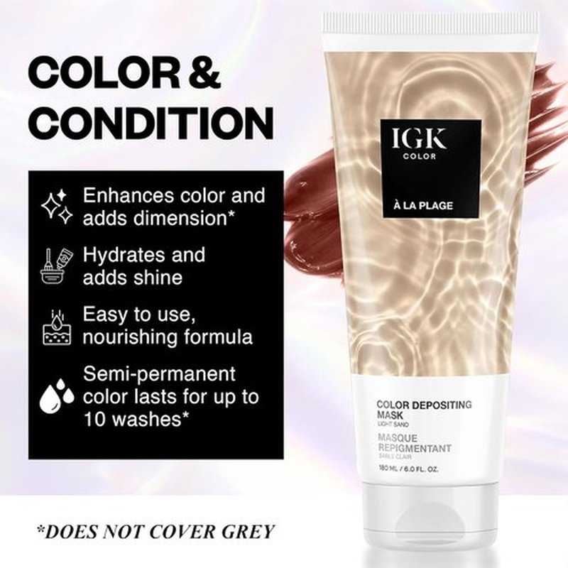 IGK A La Plage Color Depositing Hair Mask - Light Sand Semi-Permanent Conditioner + Gloss Toner | Hydrating Shine + Color Refresh | Vegan + Cruelty-Free | 6 oz