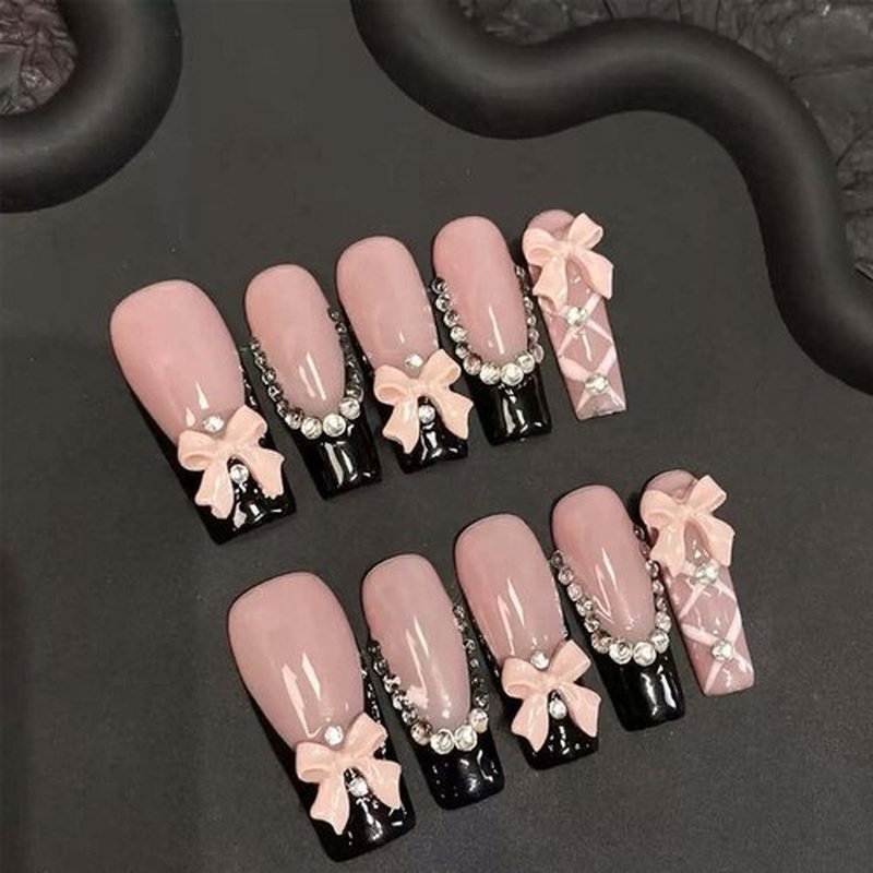 10Pcs Handmade Press On Nails Long Square Fake Nails Bow With Rhinestone Design French Tip False Nails Reusable Acrylic Stick On Nail For Women (SIZE:Large)